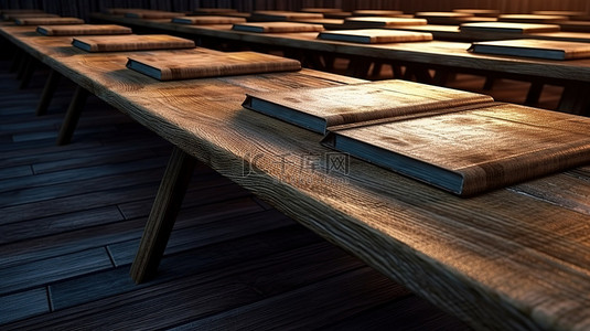 现代教室的极端特写，木制讲台在黑板背景 3D 渲染上对齐