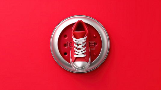 带有健身鞋图标的红色背景按钮的 3D 渲染