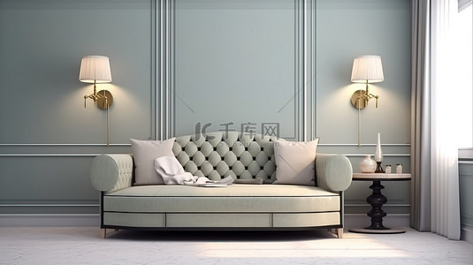 双边的背景图片_优雅的卧室设置，配有高背设计师沙发带灯的双边桌和香槟桶 3D 渲染