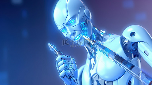 疫苗医疗背景图片_带注射器的 3D 渲染助理机器人彻底改变医疗技术