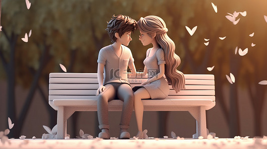 卡通开心的女孩背景图片_一对可爱的爱情鸟坐在 3D 渲染的长凳上