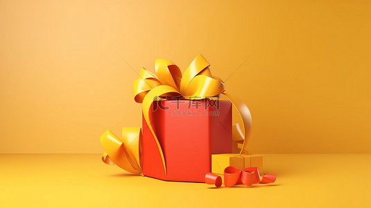 黄色礼物盒子背景图片_在 3D 渲染中黄色背景上带有彩色蝴蝶结的逼真礼品盒