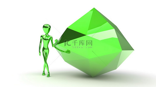 白色背景下的绿色钻石包层 3D 人物