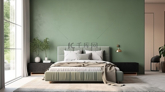 斯堪的纳维亚风格的最小卧室模型，配有灰色床和空绿墙背景，配有步入式衣柜 3D 渲染