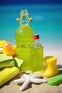 果汁画册背景图片_一瓶装有肥皂人字拖和其他海滩用品的瓶子