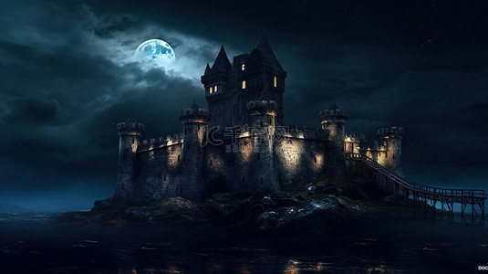 雄伟的黑色城堡的夜间 3D 渲染