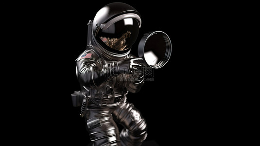 宇航员在黑色背景下用 3D 渲染的放大镜仔细检查