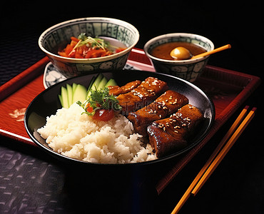 亚洲风情背景图片_一盘米饭和一碗猪肉沙爹，亚洲风情