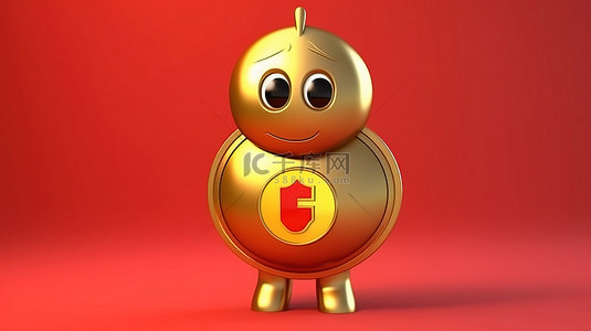 金融背景黄色背景图片_3D 渲染吉祥物一枚金色奖金硬币，带有人物角色和黄色背景上的红色金属盾