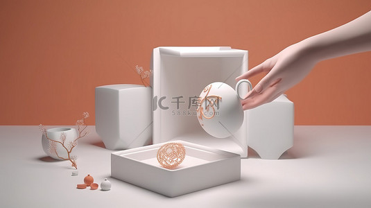 3D 渲染中带有白色物体的桃色盒子