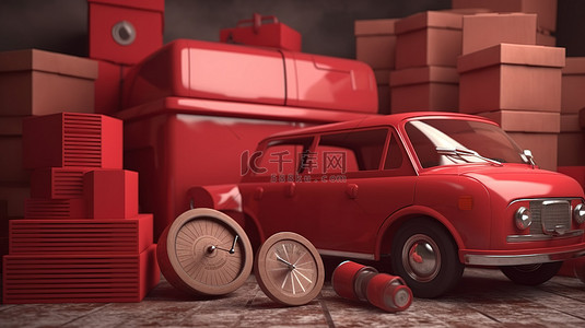 一送一背景图片_一辆红色面包车，一堆盒子和一个 3d 秒表