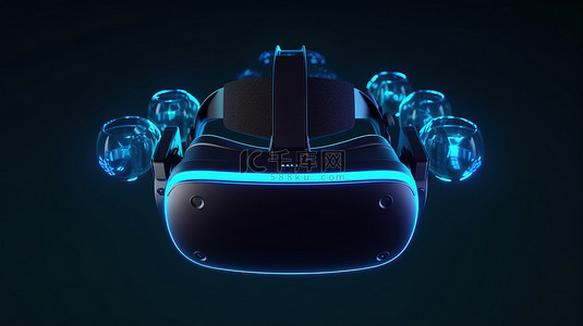 蓝色背景展示 3D 渲染的流光，佩戴虚拟现实眼镜，带有交互式界面和竖起大拇指图标