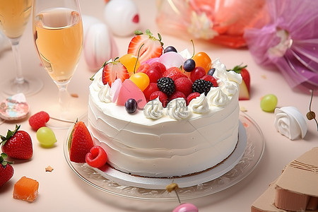 蛋糕派对背景图片_一件文物与生日蛋糕和水果一起展示