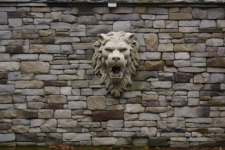 石墙的顶部有一只巨大的石狮面对着它