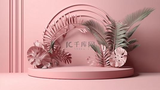 粉红色调背景图片_3D 展示架，柔和的粉红色调，带有玫瑰花和棕榈叶阴影数字艺术品