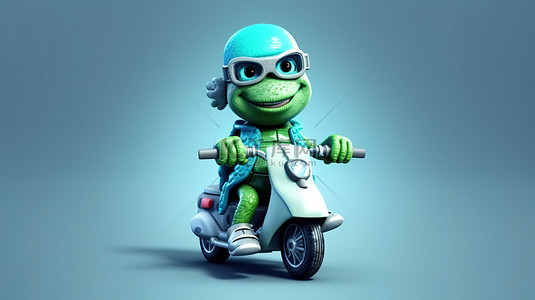 搞笑的 3D 乌龟骑着摩托车竖起大拇指