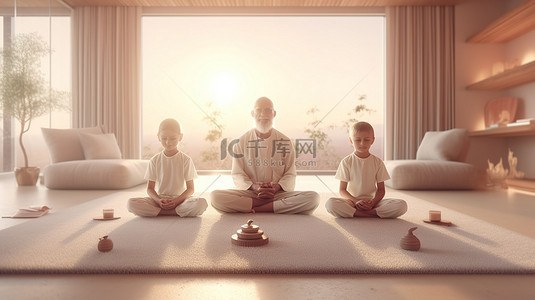 运动冥想背景图片_室内渲染祖父和孙子在垫子上一起冥想