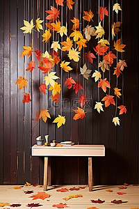 桶背景图片_垂悬在一张木桌上的秋叶