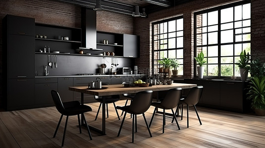 别致的阁楼风格厨房，配有时尚的黑色家具和 3D 渲染的冷金属椅子
