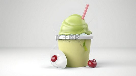 白色纸杯样机背景图片_卡通风格的软冰和红豆冰淇淋在绿茶中的 3d 渲染，以在白色背景下喝杯