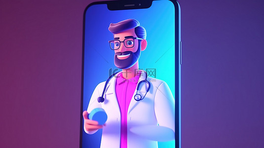 卡通风格的 3D 插图描绘了智能手机屏幕上医生的来电，象征着现代医疗保健和在线医疗服务