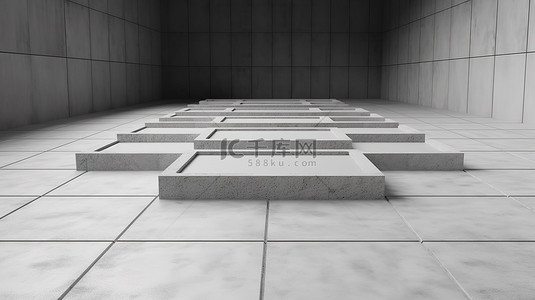 具有 3D 渲染水泥地板的空混凝土建筑形状