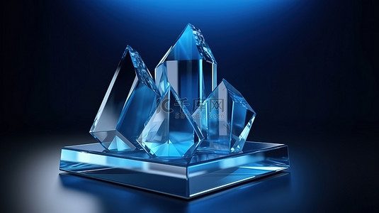 蓝色抽象水晶产品讲台上显示的水晶组的高级背景 3D 渲染