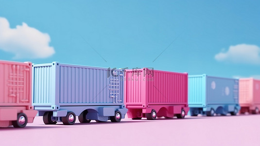 柔和的蓝色和粉红色环境中的运输集装箱，用于海运和公路货物 3D 渲染
