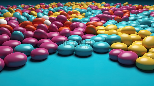 蓝色背景上 3D 渲染中色彩鲜艳的 Instagram 药丸