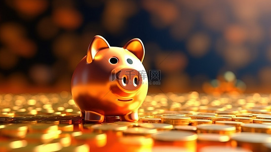 金融基金背景图片_存钱罐的三维渲染，里面装满了象征储蓄和商业投资的硬币