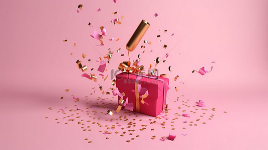 波普长图背景图片_粉色背景上带有气球礼物和五彩纸屑的节日饼干的彩色 3D 渲染