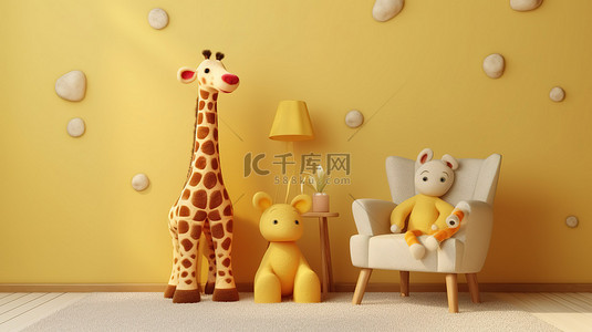 卧室书房客厅背景图片_长颈鹿栖息在椅子上，泰迪熊在 3D 渲染中装饰儿童房间
