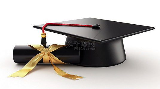 带有独立毕业帽和横幅的白色背景的 3D 渲染