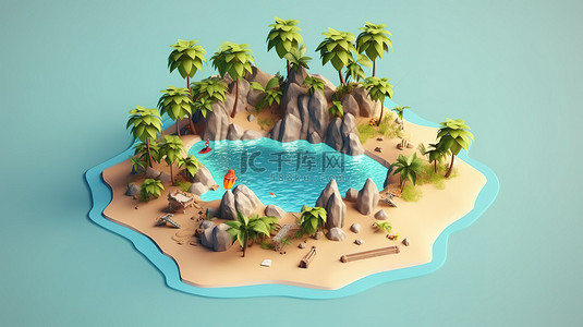 热带天堂等距 3D 海滩，有棕榈树和水晶般清澈的海水，非常适合旅行和度假