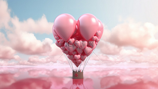 心形气球在情人节那天高高飞翔 3D 插图