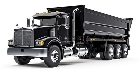 白色背景 3D 渲染宽敞的黑色美国卡车，配有可拆卸的自卸拖车，用于运输大型散装货物