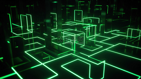 抽象几何背景 3D 渲染，带有荧光绿光和发光霓虹灯线