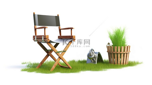 导演椅电影拍板和扩音器在白色背景与草上的 3D 渲染