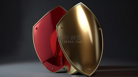 3D渲染安全概念中的金色和红色钢防护盾图标