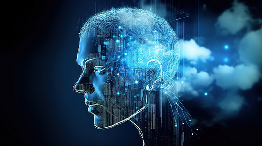 云互联网云背景图片_3D 渲染的机器人与图形显示说明云计算技术的概念