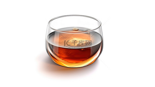 白色背景展示了盛有红茶的玻璃杯的 3D 渲染