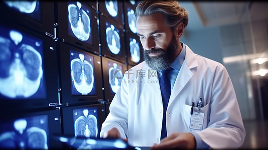 大胡子医生审查当天就诊的患者名单，背景显示器上显示 3D 大脑