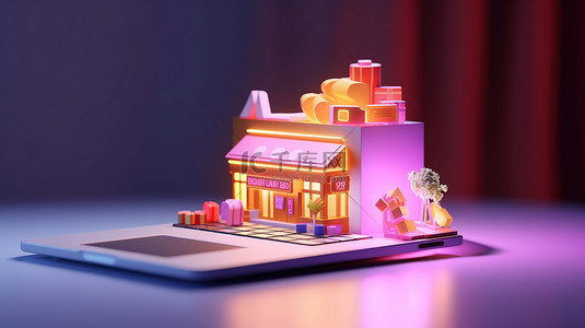 3D 笔记本和购物应用程序界面插图描绘了成功的在线购物体验
