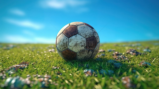 郁郁葱葱的绿草上的足球在蓝天和土壤的映衬下的 3D 渲染