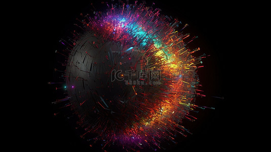 动态技术概念彩色粒子从 3d 渲染中的暗球体发射