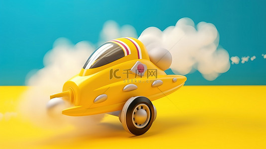 生意背景图片_玩具火箭在充满活力的黄色背景上喷发烟雾的 3D 插图，象征着成就学习和专业知识