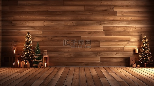 3d 室内装饰圣诞树木墙和地板模板背景