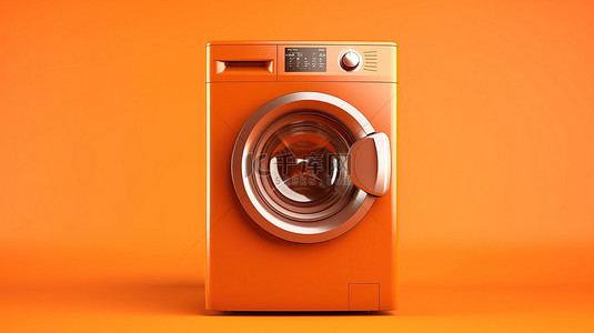 充满活力的橙色背景下单色洗衣机的 3D 渲染