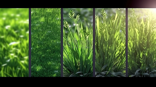春季和夏季草地背景上的自然生长 3D 渲染绿草横幅
