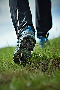 登山徒步的人背景图片_一个穿着蓝色和灰色登山鞋的人在草坡上
